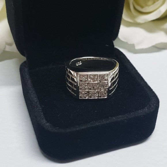 935 Silver Men Vintage Jewelry Wedding Ring Round Cubic Zircon - Picture 3 of 8